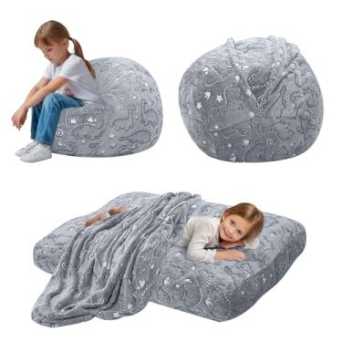 Imagem de Cadeira de pufe infantil se transforma em cama de pufe, cadeira de feijão infantil de dinossauro para meninas e meninos, sacos de feijão para crianças preguiçosas com enchimento, colchão de chão