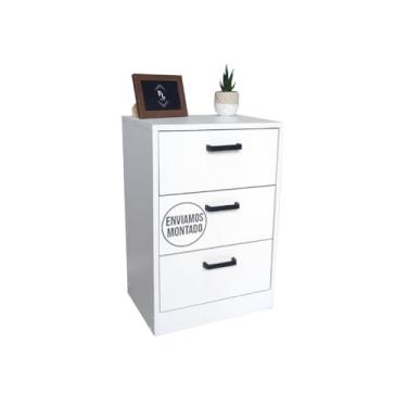 Imagem de Mesa De Cabeceira Branca 40cm com 3 Gavetas Para Quarto Lateral de Cama e Escritório Gaveteiro Organizador Já Montado (Sem Rodinhas, Puxador Arquivo)