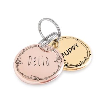 Imagem de Arte de Padrão Coroa de Flores - Placas de Identificação para Cães e Gatos Adequado para pets de pequeno porte - Aço Inoxidável com Gravação Profunda plaquinha Azul