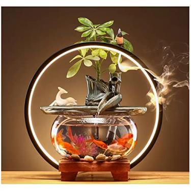 Imagem de Fonte de mesa para área de trabalho para relaxamento, fonte de mesa de cerâmica com tanque de peixes de vidro, base de madeira e luz LED, área de trabalho zen interna com recurso de água relaxante -