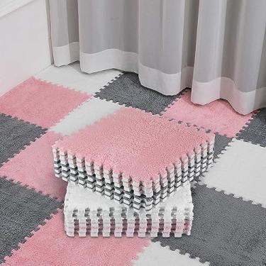 Imagem de Amylove 18 peças de tapete de espuma de pelúcia quadrado interligado com borda tapete de brincar fofo azulejos tapetes de área de escalada macios para sala de jogos em casa, 30 x 30 x 1 cm (branco