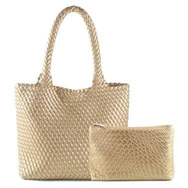 Imagem de Bolsa feminina de tecido à mão, bolsa de ombro com alça superior, de couro vegano, grande, para viagem, praia, bolsa Hobo, bolsa de mão, Dourado, One Size