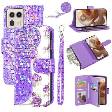 Imagem de Dibosom Capa carteira floral para Motorola Edge 50 Ultra/Moto X50 Ultra com alça de pulso alça de ombro flip zíper bolsa porta-cartão, suporte glitter Bling capa para celular Edge50 50 Ultra 2024 roxo