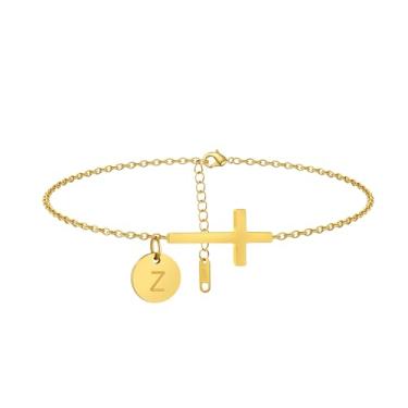 Imagem de Mauzew Tornozeleira feminina com inicial dourada delicada à prova d'água com cruz dourada personalizada A-Z Moeda Disco Letra Tornozelo Pulseira Verão Praia Joias Presentes Amizade, one size, Aço