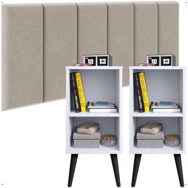 Imagem de Conjunto 2 Mesinhas Quarto Nicho Prateleira Pés Palito Cabeceira Suspensa Estofada Cama Casal - Lojas RPM