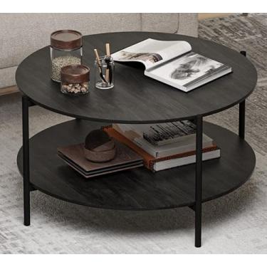 Imagem de Kasrikly Mesa de centro redonda, mesas de centro circulares de 83 cm com armazenamento de madeira rústica para casa de fazenda central circular para sala de estar, quarto, varanda, escritório - cinza