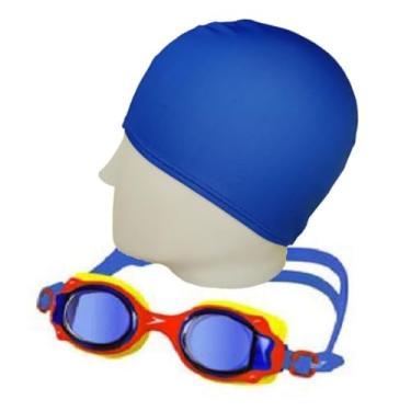 Imagem de Kit Natação Speedo Óculos Lappy Antiembaçante Proteção UV + Touca Tecido Infantil Confortável (Óculos Vermelho + Touca Azul)