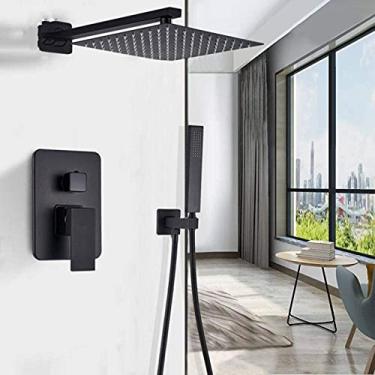 Imagem de Sistema de chuveiro Torneira de chuveiro preta montada na parede 8/10/12/16 polegadas Rainfall Chuveiro do banheiro Torneira do chuveiro com chuveiro de mão Misturador do conjunto