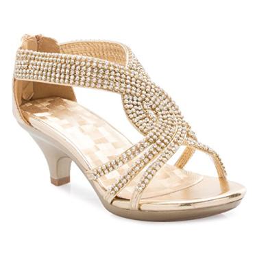 Imagem de Olivia K Sandália infantil de salto baixo com tiras e strass - casamento, vestido, dança, florista, Glitter dourado, 17