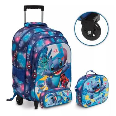Imagem de Kit Mochila Infantil Escolar Menina Estampa Stitch Rodinha - Plike