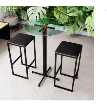 Imagem de Conjunto Mesa Alta Bar Bistrô Redonda Vidro 2 Bancos Estofado Industrial Black (Preto)