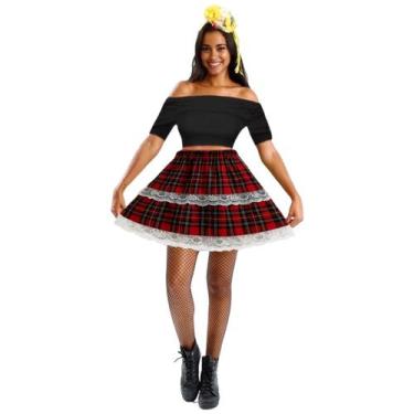 Imagem de Kit Saia Curta Feminina Xadrez Festa Junina Acinturada Rodada Renda Sã