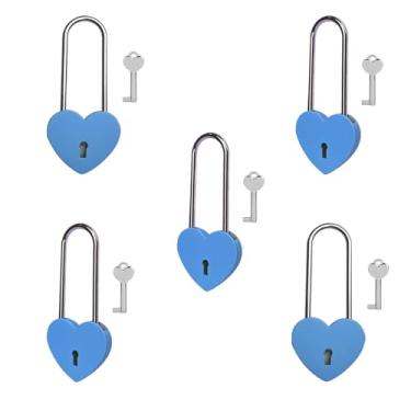 Imagem de Gradleen 5 unidades de cadeado de coração único azul de 8 cm com chave, cadeado de amor de 50 mm para ponte Lovelock, caixa de joias, livro diário, caixa de cartão