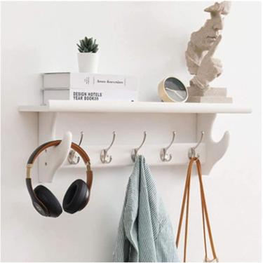 Imagem de Cabide De Parede Prateleira De Cabide De Madeira Rústica Com Ganchos De Metal Vintage Cabide De Parede Cabide De Entrada Pendurado Na Parede Prateleira De Madeira Montada Na Pare, White, 59 * 22cm