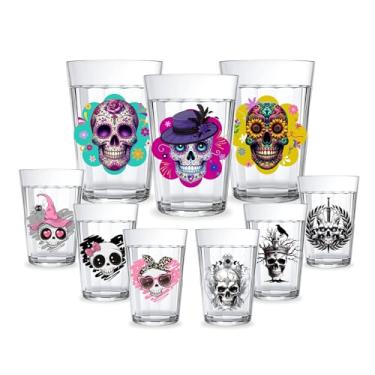 Imagem de Kit 3 Copos Americanos Vidro Personalizados 190ml Decorado C/Caveiras Fofas, de Terror e Caveira Mexicana Presente Gótico Halloween Skull Cute (Colorido/MEXICANA)