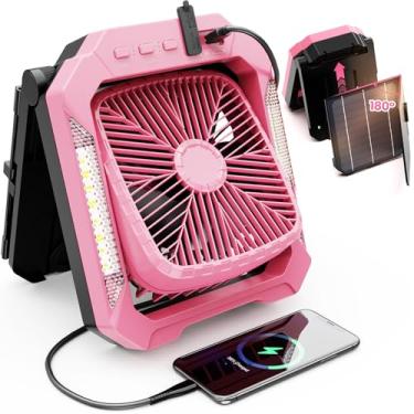 Imagem de Ventilador solar recarregável de 26800 mAh com lanterna LED, ventilador portátil sem fio com painel solar dobrável de 18 W, 3 velocidades, temporizador, silencioso, alimentado por bateria USB-C para