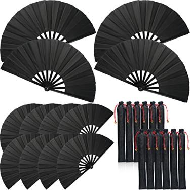 Imagem de 12 Sets Large Folding Fan with Sleeves Silk Hand Fan Chinese Japanese Kung Fu Taichi Handheld Fan Folding Dancing Prop Craft for Men Women Stage Performance Rave Festival Wedding Party