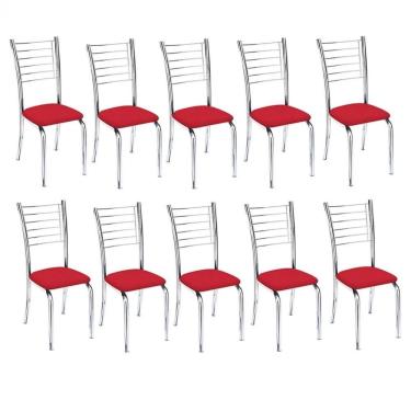 Imagem de Kit 10 Cadeiras De Jantar Lara Cromada Para Cozinha Assento Sintético Vermelho - Aurora Line