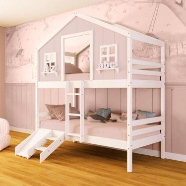 Imagem de Beliche Casinha Dos Sonhos Com Escada/ Escorregador Madeira Maciça Rosa/ Branco Megamobilia