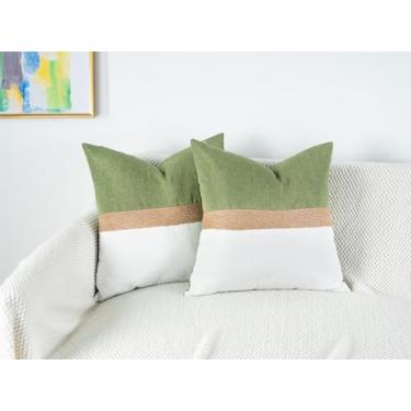 Imagem de Pacote com 2 capas de almofada texturizadas de corda de juta verde claro, 50,8 x 50,8 cm, capas de almofada decorativas macias Boho neutras para sofá, cama e sala de estar, decoração de casa estética