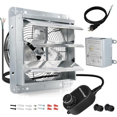 Imagem de Hiorucet Exaustor De Parede 10" Com Termostato E Controlador Velocidade Para Garagem, Estufa, Loja, Sótão, Galinheiro, Galpão, Porão, 844 Pés Cúbicos Por Minuto, 1606 Rpm, Baixo Ruído, Venezianas