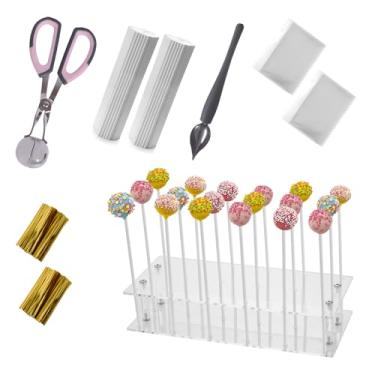 Imagem de Kit de fazer pop de bolo, incluindo 400 palitos de pirulito e embalagens transparentes, suporte de exibição de acrílico transparente de 18 furos, 1 colher de metal Baller, 1 colher de decoração