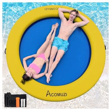 Imagem de ACOMUZI Rede de água inflável de 2,5 m, doca flutuante redonda para adultos, boia flutuante de piscina resistente para oceano e lago, amarelo e azul