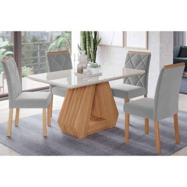 Imagem de Sala De Jantar Completa ágata Tampo Madeirado Com Vidro 130x80cm E 4 Cadeiras Fernanda Madeirado-linho Grafite - Cimol