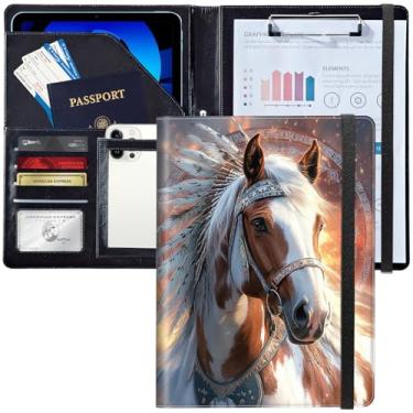 Imagem de Prancheta de pasta/pasta, carteira de couro personalizada com currículo organizador de documentos tamanho carta A4 porta-cartões de visita para homens e mulheres, marrom branco cavalo appaloosa