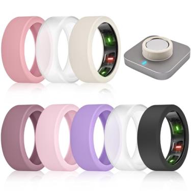 Imagem de NewJourney Pacote com 8 capas de anel compatíveis com Oura Ring Gen 4/3 - carrega diretamente com a capa, protetor de silicone elástico de silicone para malhar (P, violeta/rosa/rosado/uva/preto/luz