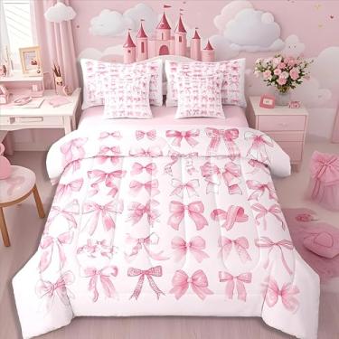 Imagem de Erosebridal Jogo de cama com laço fofo em uma bolsa para meninas adolescentes, solteiro, rosa, moderno, moda, estética, sonhador, fantasia, laço, 7 peças, lençol com elástico