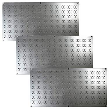 Imagem de Pacote de controle de parede de papelão - 3 pacotes de controle de parede 40,6 cm de altura x 81,28 cm de largura placas de metal horizontais para organização de armazenamento de ferramentas de parede para casa e garagem, Metallic Galvanized Pegboard