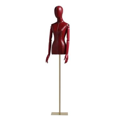 Imagem de Torso de couro para manequim feminino, altura ajustável de 145 a 199 cm, base removível e cabeça de braço giratória de madeira maciça(Red)