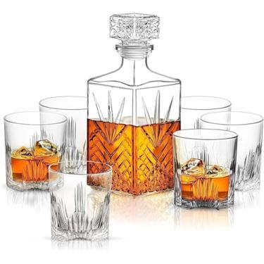 Imagem de Bormioli Rocco Conjunto de presente para uísque da Selecta Collection – garrafa de 966 g e 6 copos de vidro de 270 ml com detalhes em estrelas – para uísque, bourbon, Scotch e licor