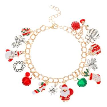 Imagem de Pulseira de Natal vermelha e verde com pingente de Papai Noel banhado a ouro fofo desenho animado floco de neve guirlanda de presente com muleta meia corrente ajustável pulseiras presentes de Natal