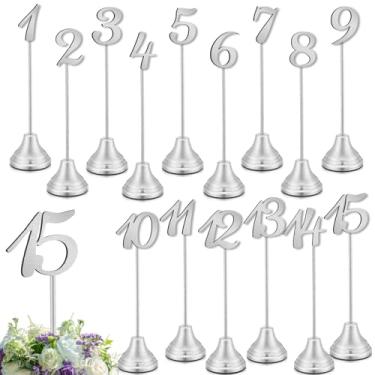Imagem de Maitys 15 peças de números de mesa de metal 1-15 suportes de número de mesa para casamento 20 cm placa de mesa com base resistente para banquetes, aniversários, festas, eventos, catering (prata)