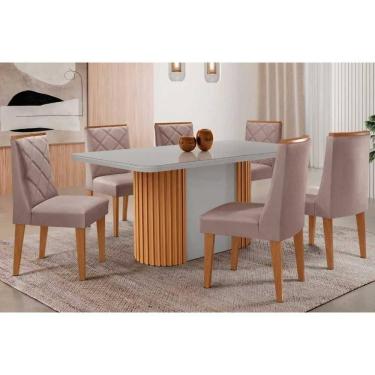 Imagem de Conjunto Sala de Jantar Pilar c/ Tampo Madeirado c/ Vidro Canto Curvo 180x90cm e 6 Cadeiras Pietá Madeira Maciça Naturale/Off White - Capuccino/Linho 