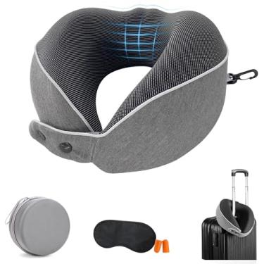 Imagem de Dexmary Travesseiro de pescoço de viagem, travesseiro de avião com máscara para os olhos, tampões de ouvido e caixa de armazenamento, travesseiro de viagem de pescoço de espuma viscoelástica para
