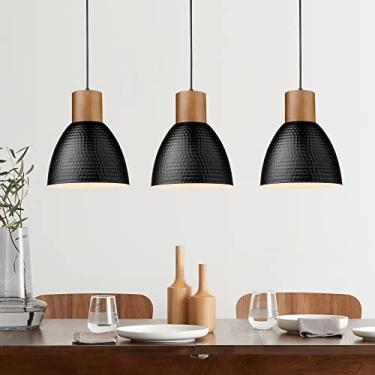 Imagem de ELYONA Pacote com 3 luzes pendentes marteladas para ilha de cozinha, 18 cm, luminárias suspensas de madeira maciça de metal com altura ajustável, iluminação pendente de casa de fazenda, para sala de