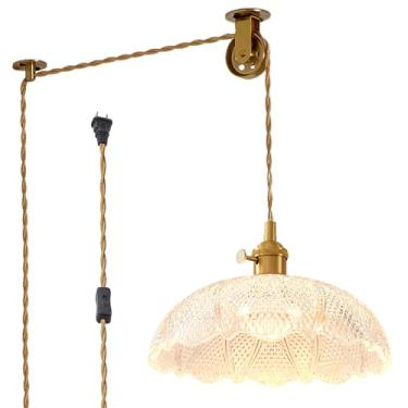 Imagem de Oyisen Plugue de lâmpada pendurada, cabo de luz ajustável trançado, plugue de luz pendente, abajur de vidro de 24 cm, luz de teto pendurada, ilha de cozinha, luzes pendentes para quarto com lâmpada
