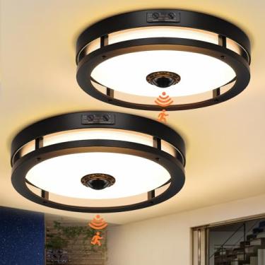Imagem de Slypadan Luz de teto embutida com sensor de movimento externo, luminária de teto LED para ambientes externos, pacote com 2, luz de teto de 30,5 cm, luz externa moderna preta para entrada de corredor
