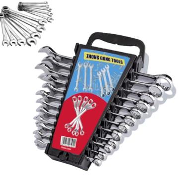 Imagem de Jogo de Chaves Combinadas Cromo-Vanádio 6-22mm com Suporte Organizador, Kit Profissional 12 Peças para Reparos Automotivos e Industriais, Ferramentas Antidesgaste