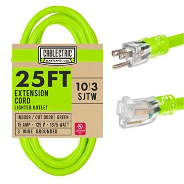 Imagem de Cablectric Cabo de extensão externo de 6,5 m – Cabo elétrico iluminado verde neon resistente 10/3 SJTW com plugue aterrado de 3 pinos