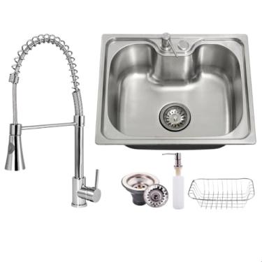 Imagem de SOFTINOX Kit Cuba Pia Cozinha Inox 201 50x40 Escovada com Torneira Gourmet Monocomando 1 Saída, 2 Jatos, Cesto Escorredor e Dispenser para Detergente – Kit Completo e Excepcional