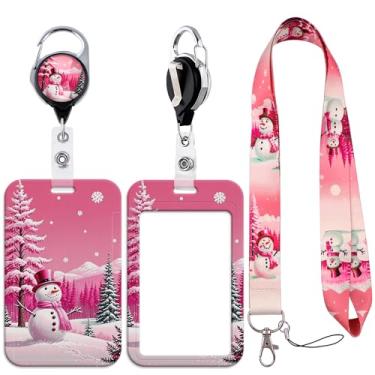 Imagem de Cordão de Natal com porta-cartão de identificação deslizante autoretrátil, suporte de crachá de identificação estético, rosa para neve, com clipe de chaveiro giratório 360 para escritório, escola