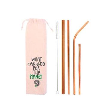 Imagem de Kit 6 em 1: 4 canudos de inox (shake 10mm) + Escova + Ecobag What - CA