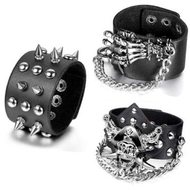 Imagem de Pulseira Aroncent Spike Studded Rock Biker, conjunto de couro, 3 peças