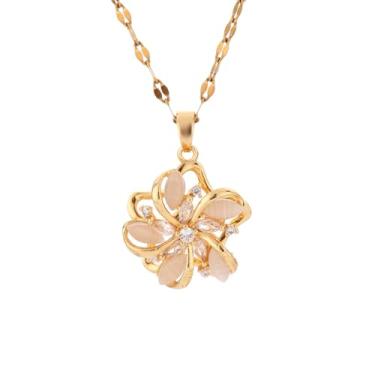 Imagem de DIAMANTIO Colar com pingente floral banhado a ouro 18K – Pedra olho de gato branco e detalhes de zircônia cúbica, joia elegante