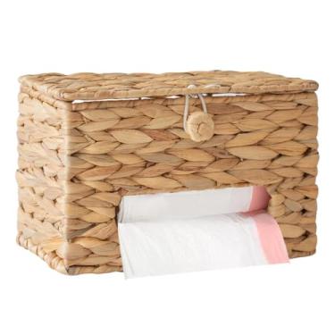 Imagem de HYVAKUPPA Dispensador de suporte de saco de lixo de vime para 13 galões com tampa suporte de parede jacinto de água natural suporte de sacos plásticos de lixo tecido à mão organizador de armazenamento