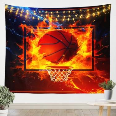 Imagem de Tapeçaria de quadra de basquete, fogo, água, basquete, parede, tema esportivo, cobertor de parede para meninos e meninas, crianças, impressão 3D, jogos de bola, leve, decoração de arte de parede para